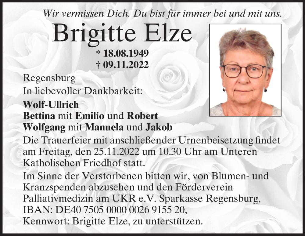  Traueranzeige für Brigitte Elze vom 19.11.2022 aus Mittelbayerische Zeitung Regensburg