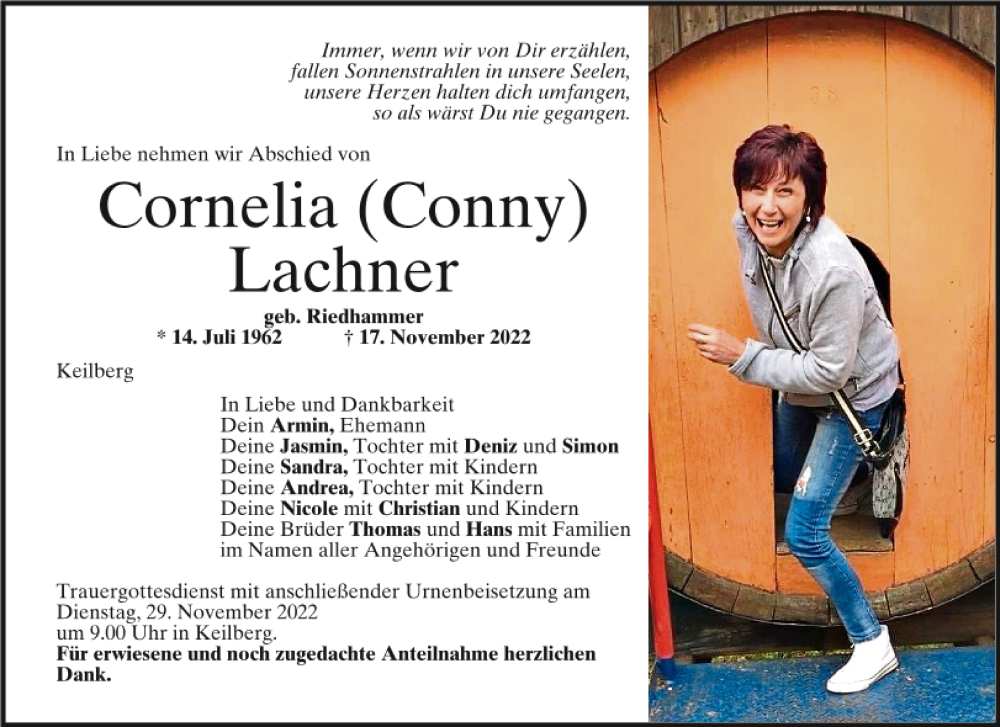  Traueranzeige für Cornelia Lachner vom 26.11.2022 aus Mittelbayerische Zeitung Regensburg