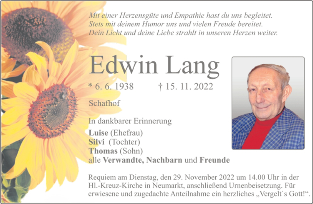  Traueranzeige für Edwin Lang vom 26.11.2022 aus Neumarkter Tagblatt
