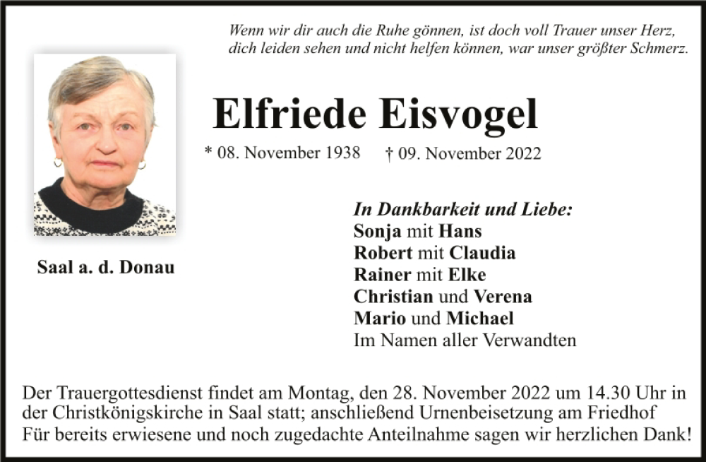  Traueranzeige für Elfriede Eisvogel vom 25.11.2022 aus Mittelbayerische Zeitung Kelheim