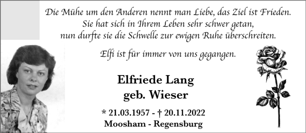  Traueranzeige für Elfriede Lang vom 26.11.2022 aus Mittelbayerische Zeitung Regensburg