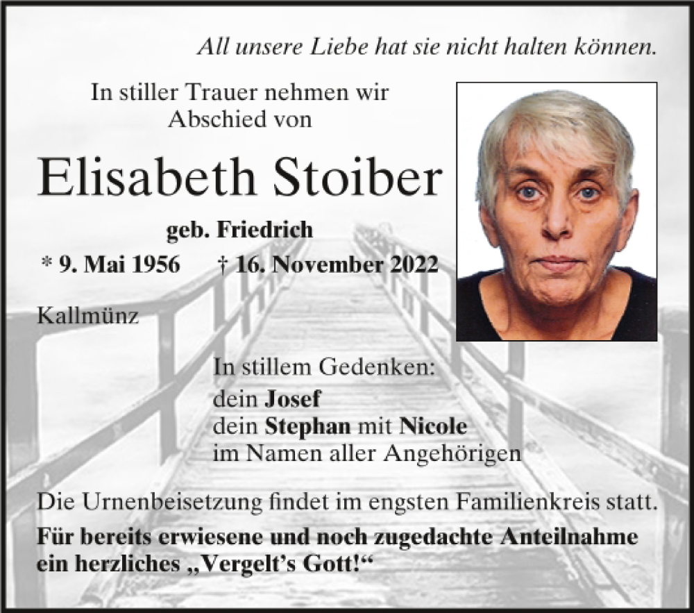  Traueranzeige für Elisabeth Stoiber vom 23.11.2022 aus Mittelbayerische Zeitung Regensburg