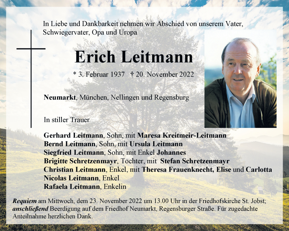  Traueranzeige für Erich Leitmann vom 22.11.2022 aus Neumarkter Tagblatt