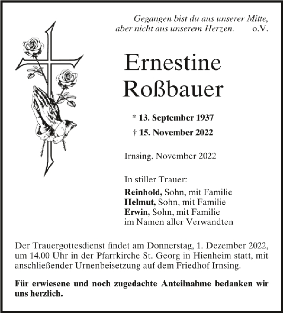  Traueranzeige für Ernestine Roßbauer vom 26.11.2022 aus Mittelbayerische Zeitung Kelheim