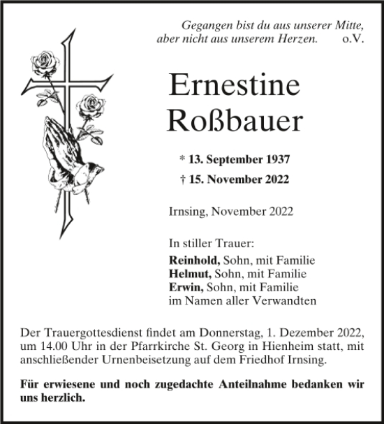 Traueranzeige von Ernestine Roßbauer von Mittelbayerische Zeitung Kelheim