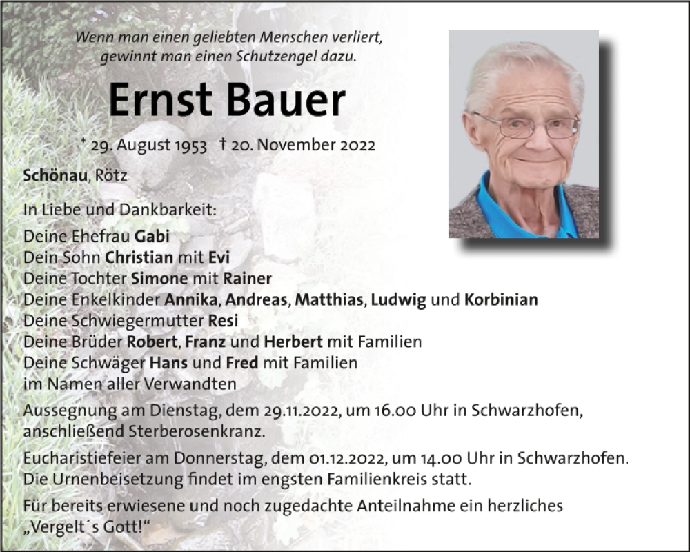  Traueranzeige für Ernst Bauer vom 26.11.2022 aus Mittelbayerische Zeitung Schwandorf