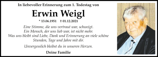 Traueranzeige von Erwin Weigl von Mittelbayerische Zeitung Kelheim