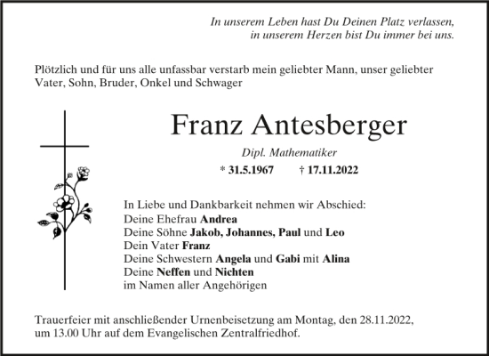 Traueranzeige von Franz Antesberger von Mittelbayerische Zeitung Regensburg