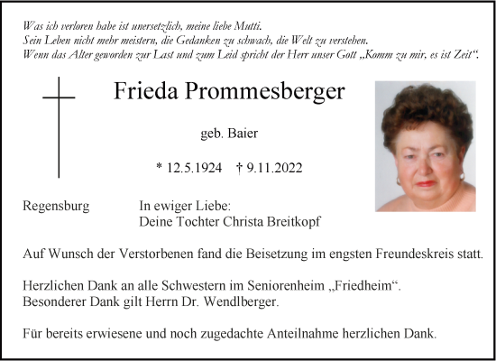 Traueranzeige von Frieda Prommesberger von Mittelbayerische Zeitung Regensburg