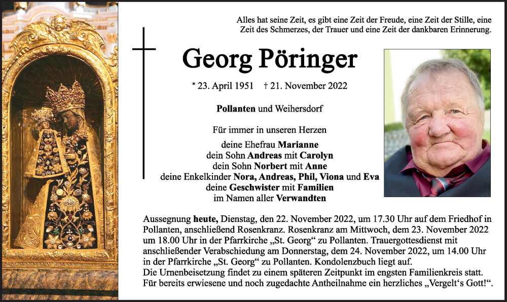  Traueranzeige für Georg Pöringer vom 22.11.2022 aus Neumarkter Tagblatt