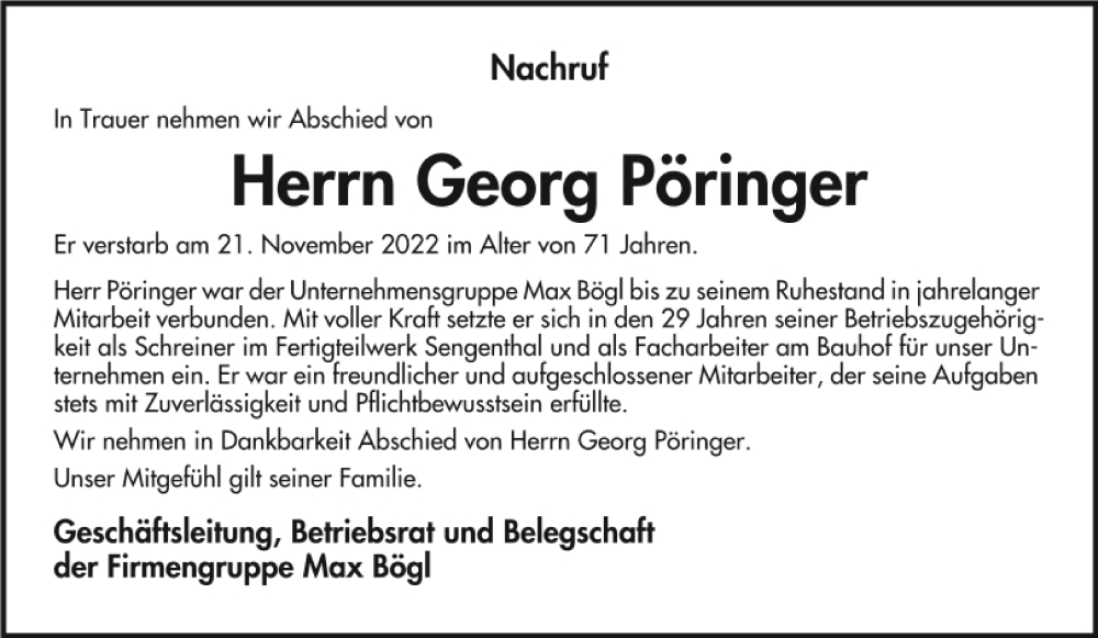  Traueranzeige für Georg Pöringer vom 23.11.2022 aus Neumarkter Tagblatt