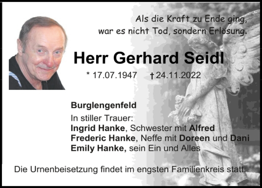  Traueranzeige für Gerhard Seidl vom 26.11.2022 aus Mittelbayerische Zeitung Schwandorf