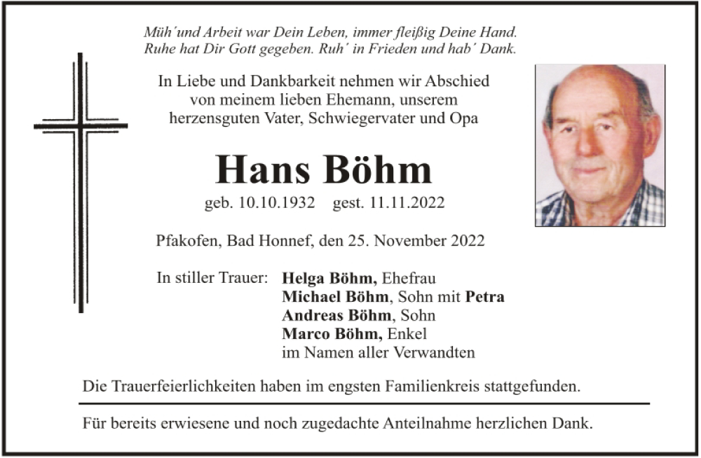  Traueranzeige für Hans Böhm vom 25.11.2022 aus Mittelbayerische Zeitung Regensburg