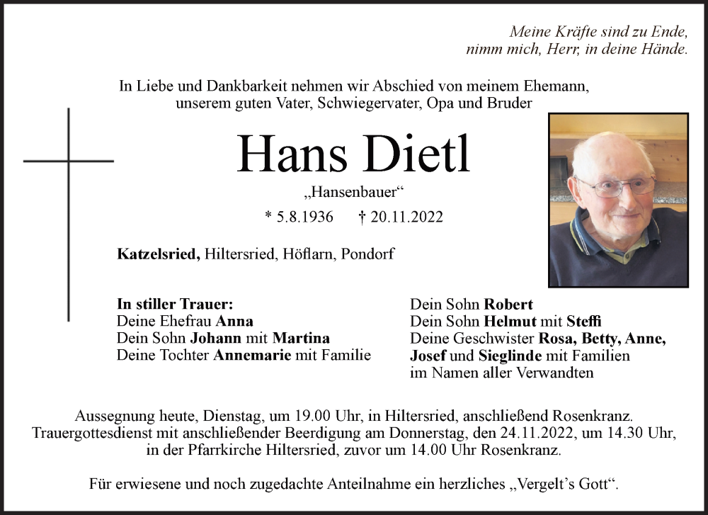  Traueranzeige für Hans Dietl vom 22.11.2022 aus Bayerwald Echo