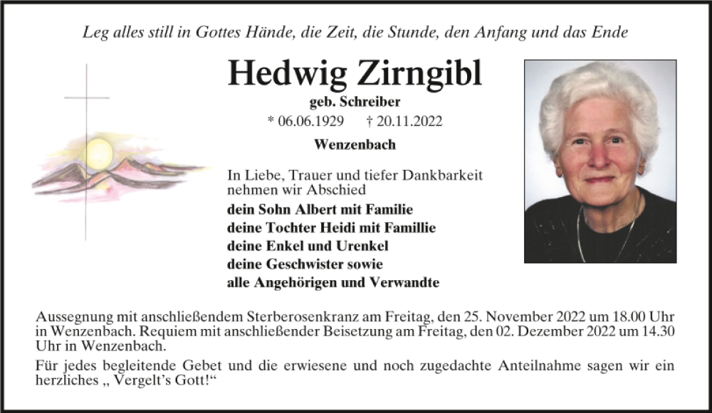 Traueranzeige für Hedwig Zirngibl vom 23.11.2022 aus Mittelbayerische Zeitung Regensburg