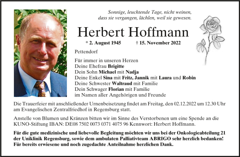  Traueranzeige für Herbert Hoffmann vom 26.11.2022 aus Mittelbayerische Zeitung Regensburg