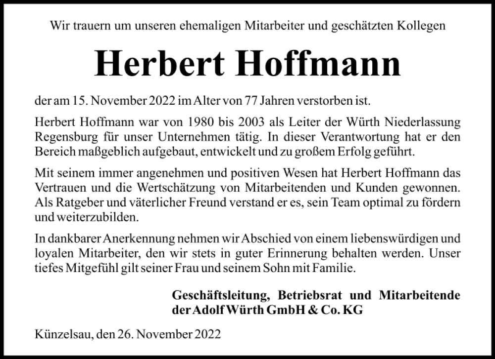  Traueranzeige für Herbert Hoffmann vom 26.11.2022 aus Mittelbayerische Zeitung Regensburg