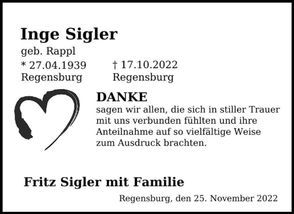  Traueranzeige für Inge Sigler vom 26.11.2022 aus Mittelbayerische Zeitung Regensburg