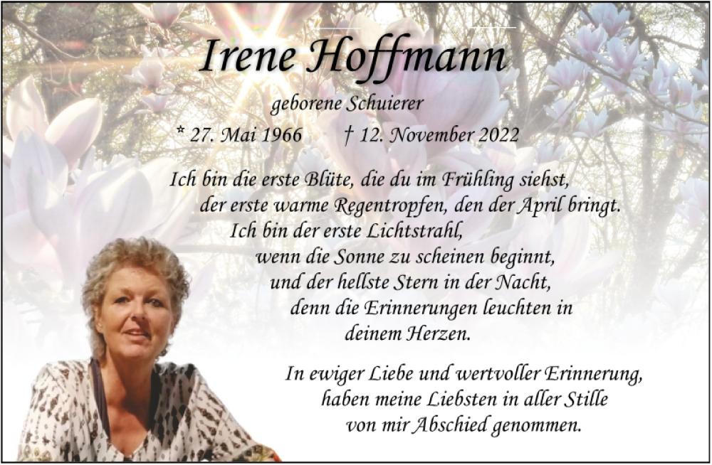  Traueranzeige für Irene Hoffmann vom 26.11.2022 aus Mittelbayerische Zeitung Schwandorf