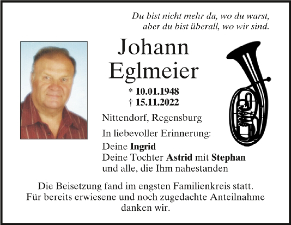  Traueranzeige für Johann Eglmeier vom 26.11.2022 aus Mittelbayerische Zeitung Regensburg