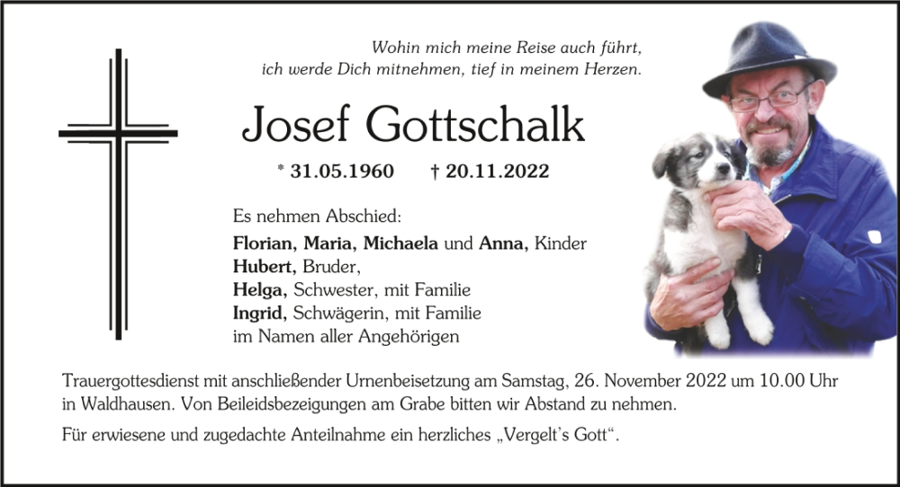  Traueranzeige für Josef Gottschalk vom 23.11.2022 aus Neumarkter Tagblatt
