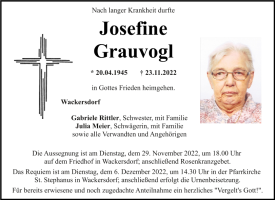 Traueranzeige von Josefine Grauvogl von Mittelbayerische Zeitung Schwandorf