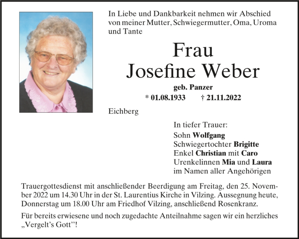  Traueranzeige für Josefine Weber vom 24.11.2022 aus Bayerwald Echo