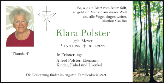 Traueranzeige von Klara Polster von Neumarkter Tagblatt