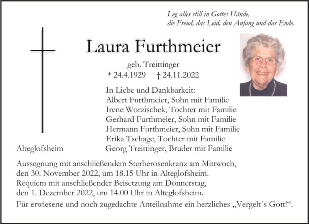  Traueranzeige für Laura Furthmeier vom 26.11.2022 aus Mittelbayerische Zeitung Regensburg