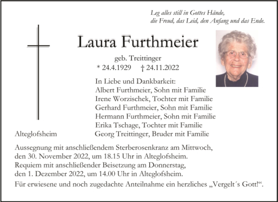 Traueranzeige von Laura Furthmeier von Mittelbayerische Zeitung Regensburg