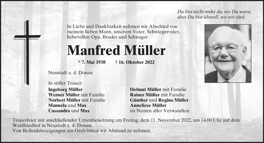  Traueranzeige für Manfred Müller vom 09.11.2022 aus Mittelbayerische Zeitung Kelheim