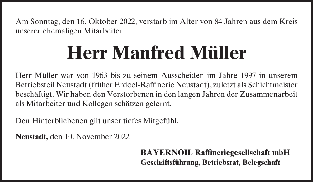  Traueranzeige für Manfred Müller vom 10.11.2022 aus Mittelbayerische Zeitung Kelheim