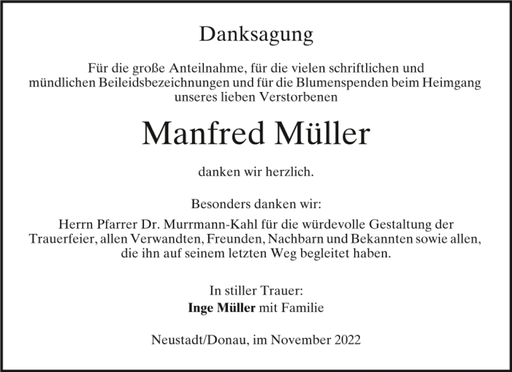  Traueranzeige für Manfred Müller vom 25.11.2022 aus Mittelbayerische Zeitung Kelheim