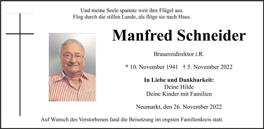  Traueranzeige für Manfred Schneider vom 26.11.2022 aus Neumarkter Tagblatt