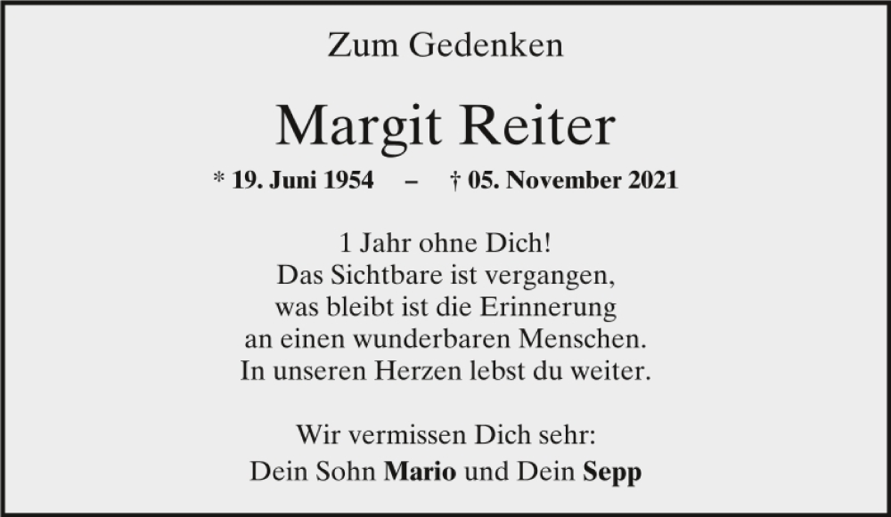  Traueranzeige für Margit Reiter vom 05.11.2022 aus Mittelbayerische Zeitung Regensburg