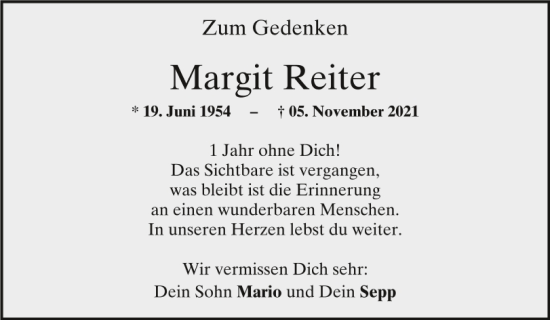 Traueranzeige von Margit Reiter von Mittelbayerische Zeitung Regensburg