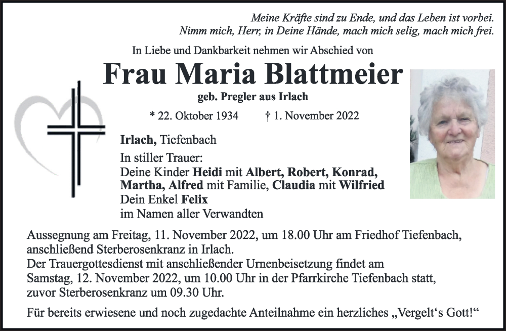  Traueranzeige für Maria Blattmeier vom 10.11.2022 aus Bayerwald Echo