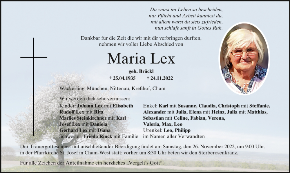  Traueranzeige für Maria Lex vom 25.11.2022 aus Bayerwald Echo