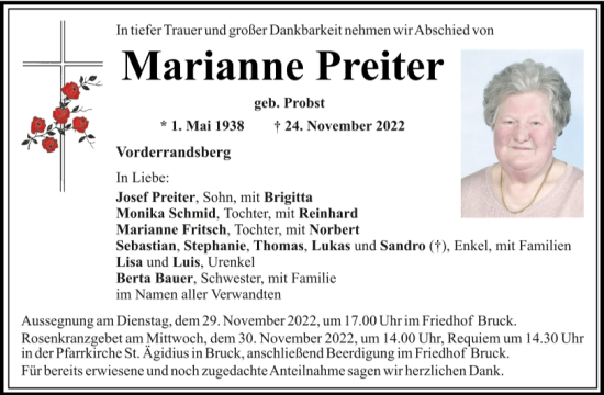 Traueranzeige von Marianne Preiter von Mittelbayerische Zeitung Schwandorf