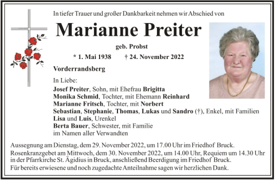 Traueranzeige von Marianne Preiter von Mittelbayerische Zeitung Schwandorf