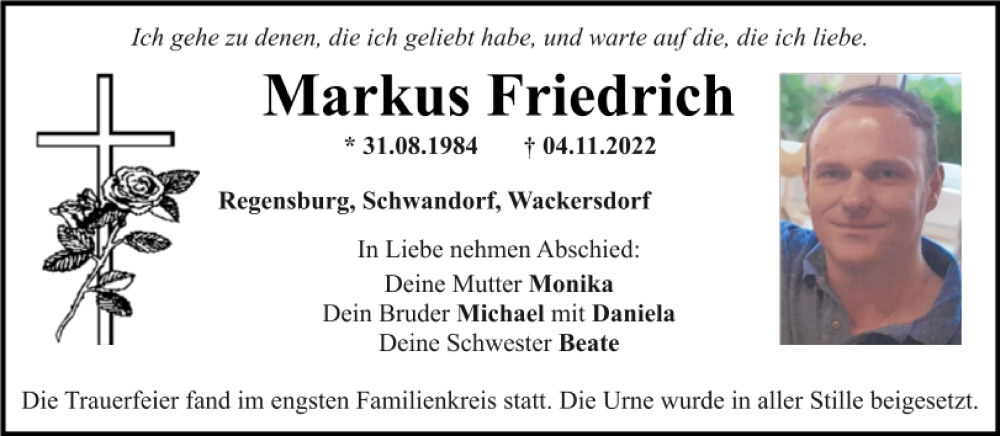  Traueranzeige für Markus Friedrich vom 28.11.2022 aus Mittelbayerische Zeitung Schwandorf
