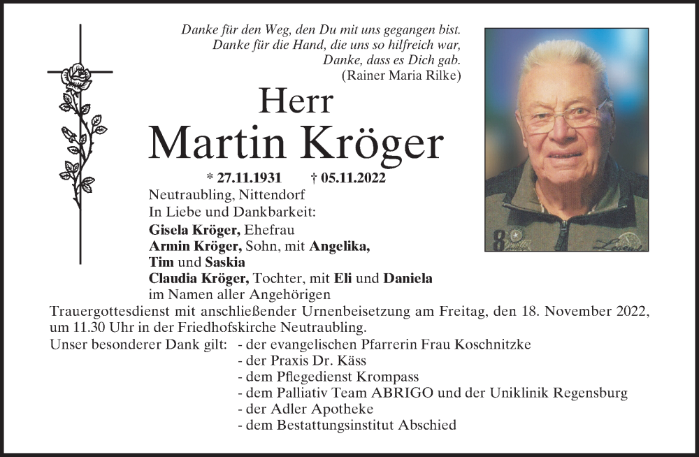  Traueranzeige für Martin Kröger vom 12.11.2022 aus Mittelbayerische Zeitung Regensburg