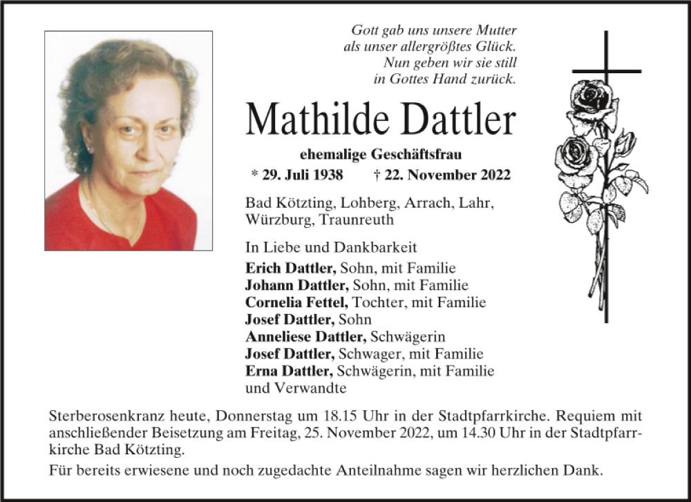  Traueranzeige für Mathilde Dattler vom 24.11.2022 aus Bayerwald Echo