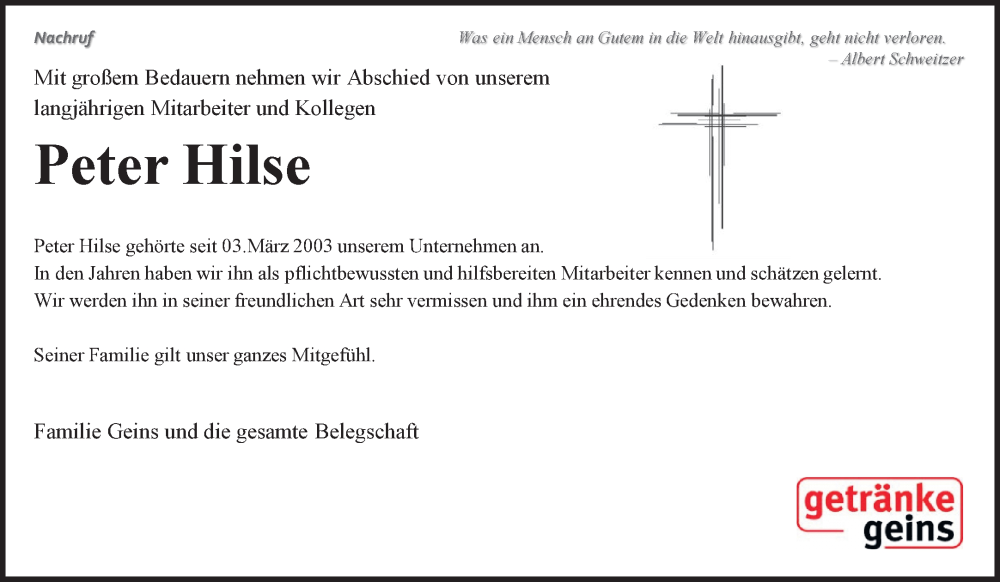  Traueranzeige für Peter Hilse vom 09.11.2022 aus Mittelbayerische Zeitung Regensburg