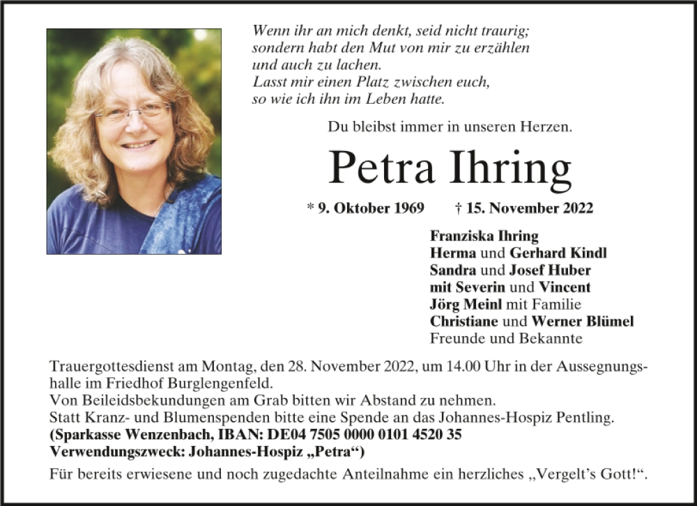  Traueranzeige für Petra Ihring vom 24.11.2022 aus Mittelbayerische Zeitung Schwandorf