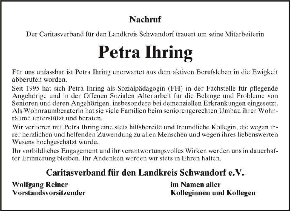  Traueranzeige für Petra Ihring vom 26.11.2022 aus Mittelbayerische Zeitung Schwandorf