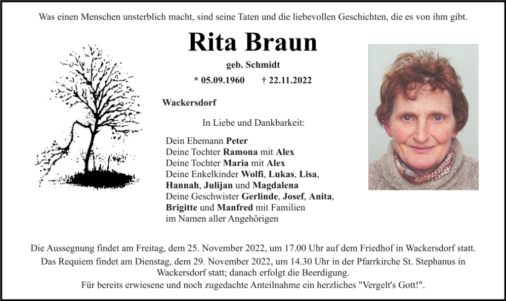  Traueranzeige für Rita Braun vom 23.11.2022 aus Mittelbayerische Zeitung Schwandorf