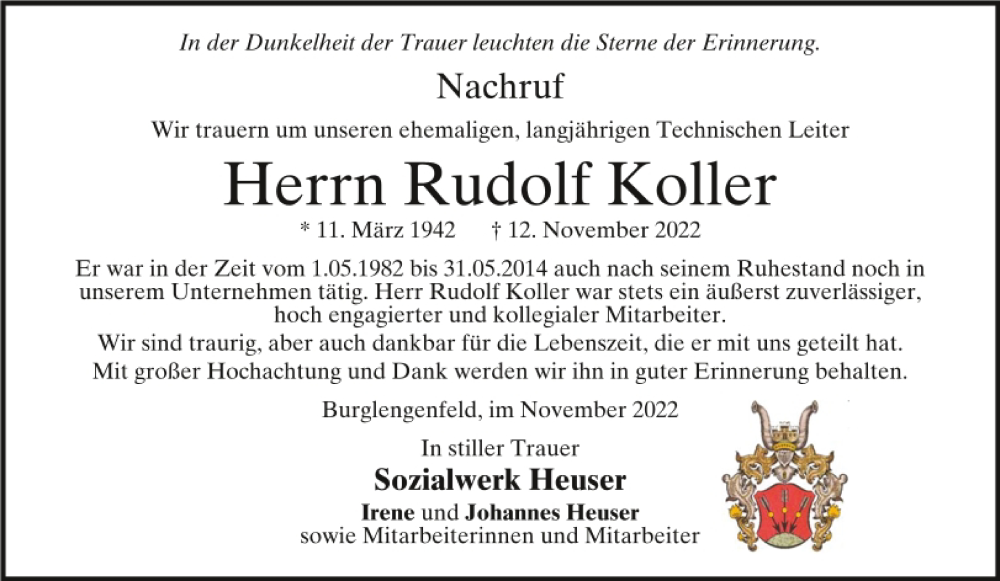  Traueranzeige für Rudolf Koller vom 26.11.2022 aus Mittelbayerische Zeitung Schwandorf