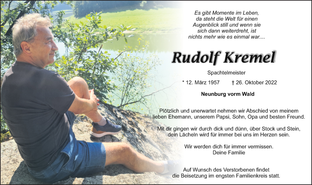  Traueranzeige für Rudolf Kremel vom 05.11.2022 aus Mittelbayerische Zeitung Schwandorf