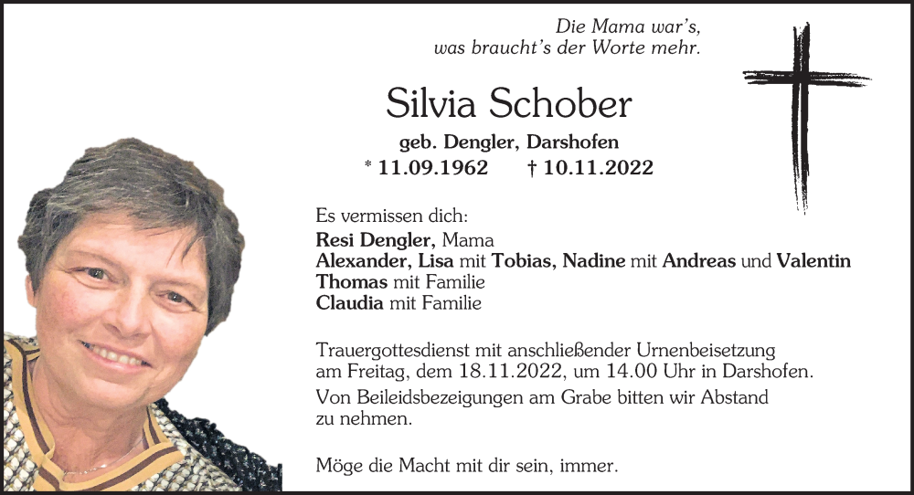  Traueranzeige für Silvia Schober vom 15.11.2022 aus Neumarkter Tagblatt
